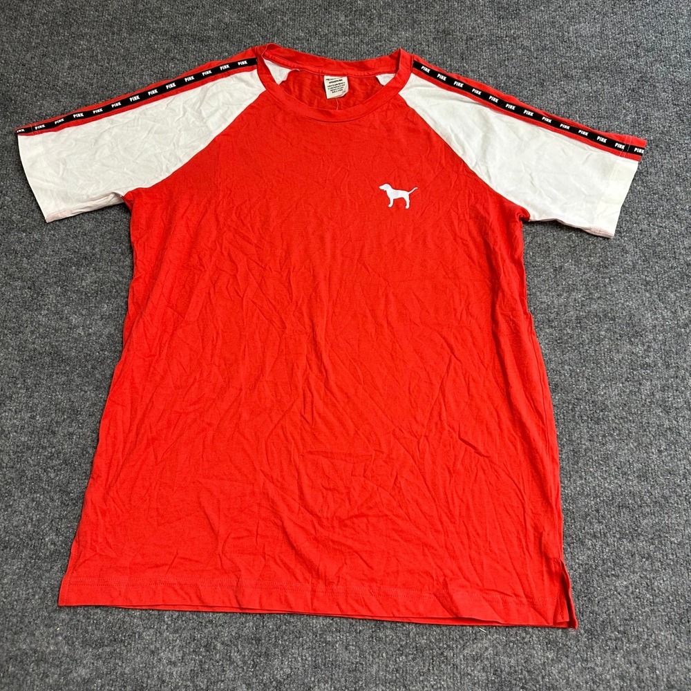 Pink T-Shirt Womens Size S Red White Raglan Sleeve Logo Tape Trim Casual Top